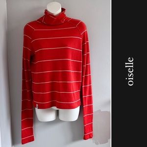 Oiselle Striped Long Sleeve Mock Turtleneck in Red Orange • S